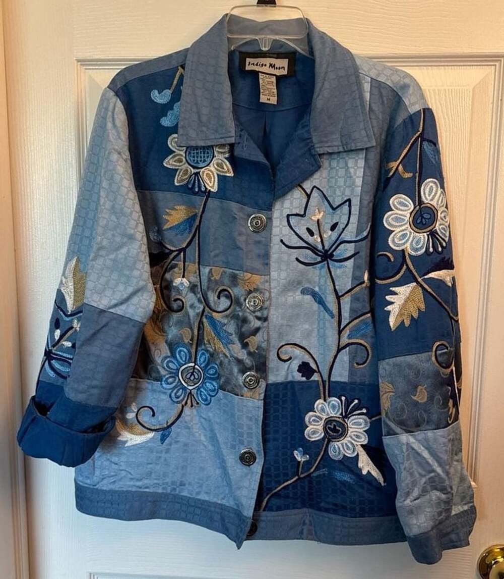 Indigo Moon Blue Patchwork Floral Embroidered Button Front Jacket Size M
